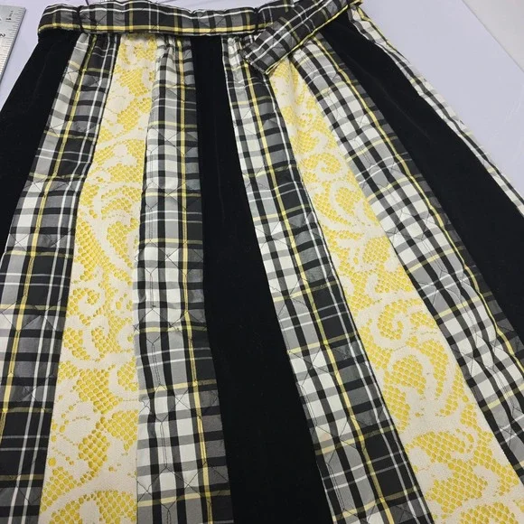 Vintage CHESSA DAVIS Womens Maxi‎ Skirt Plaid Velvet Lace Black Yellow Patchwork - Picture 4 of 7